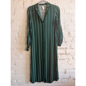 H&M Green White Pinstripe Shirt Dress Women’s 2 Long Sleeve Collared Midi Dress